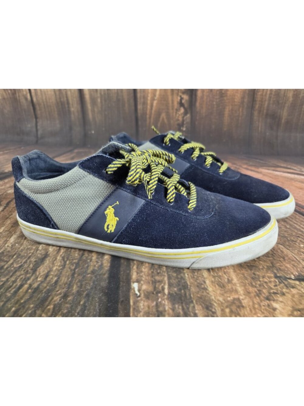 POLO RALPH LAUREN HANFORD Size 11.5 Low Top Sneakers Navy Blue Grey Yellow VGC